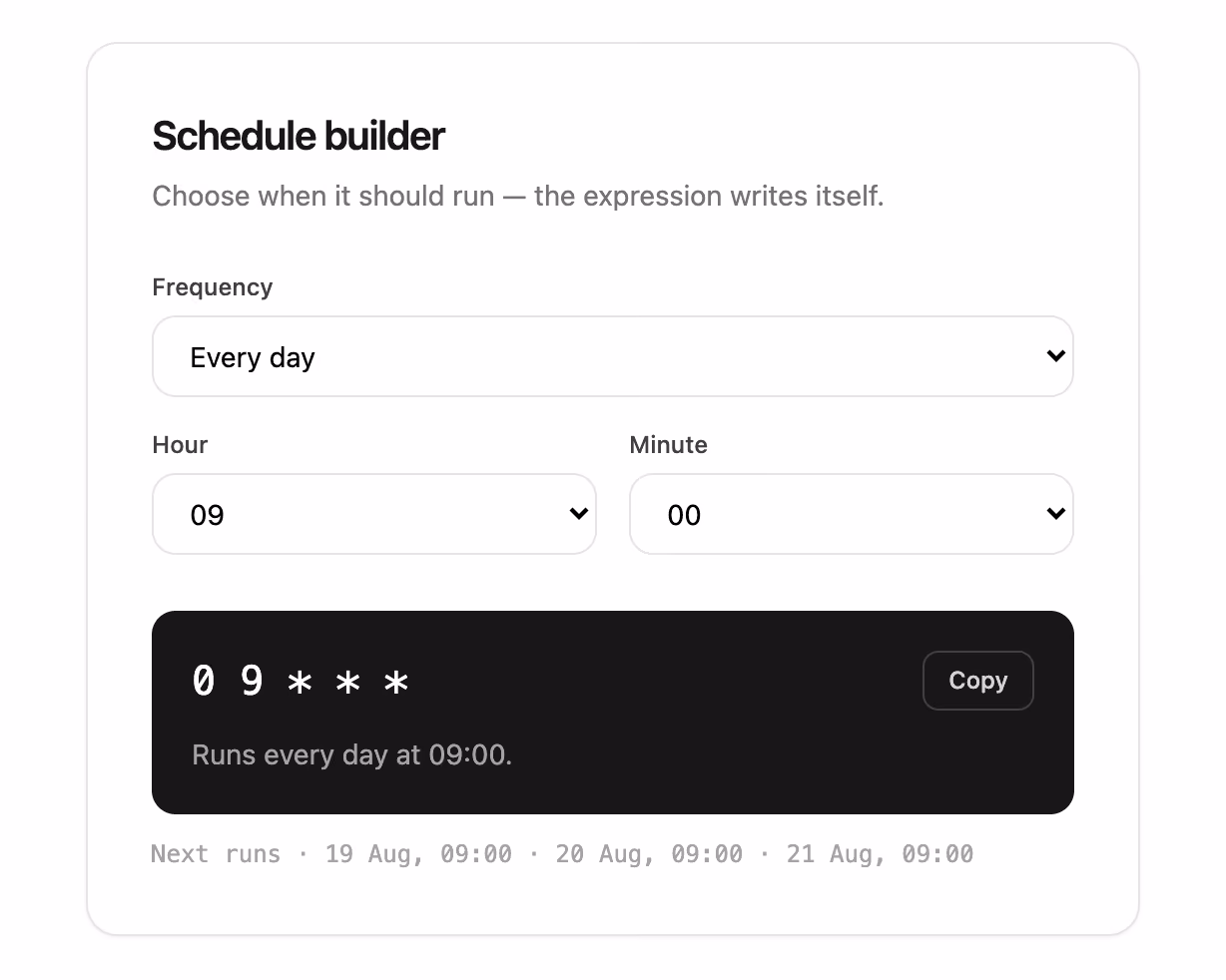 Podgląd: Cron schedule builder