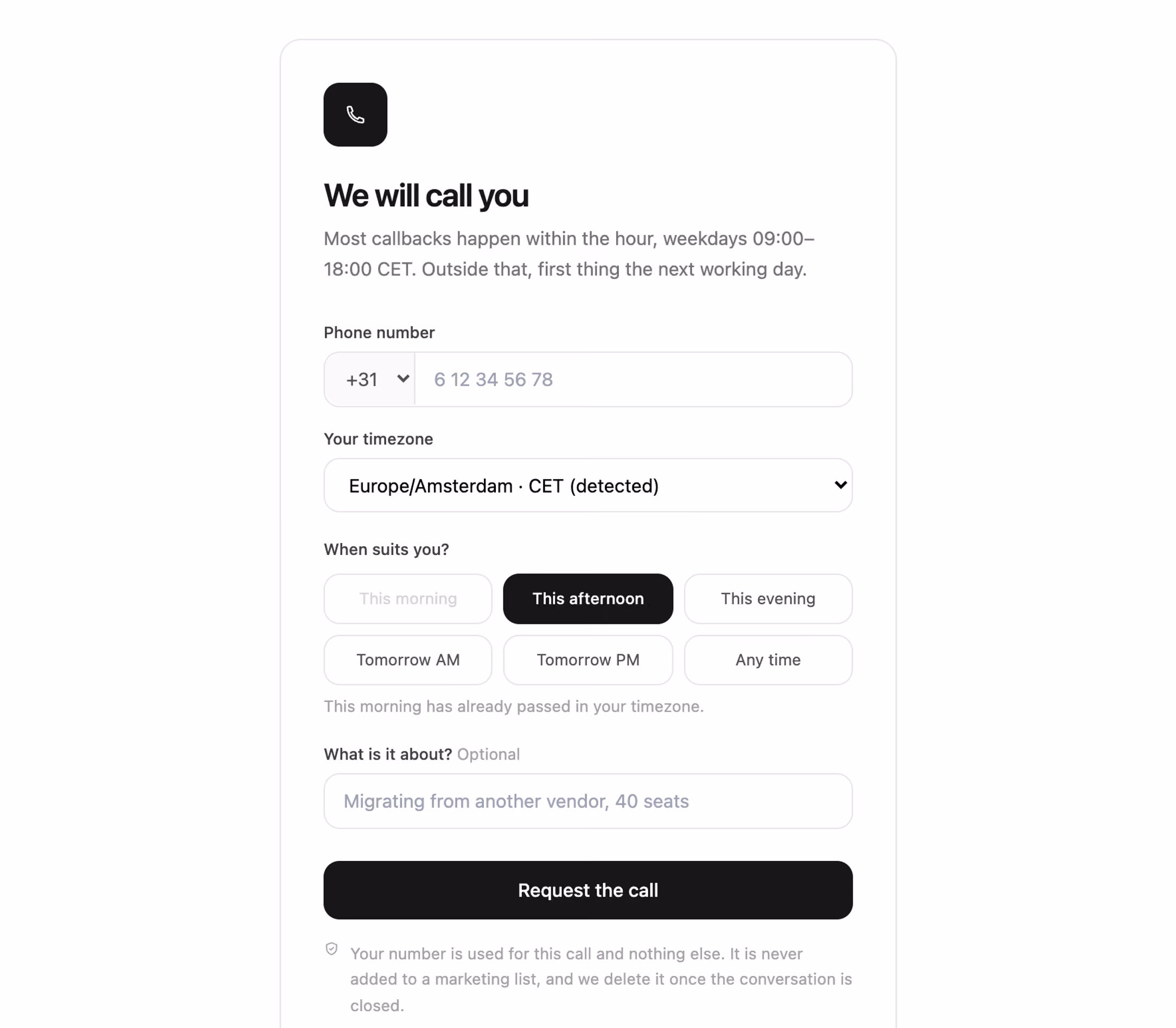 Podgląd: Request a callback card