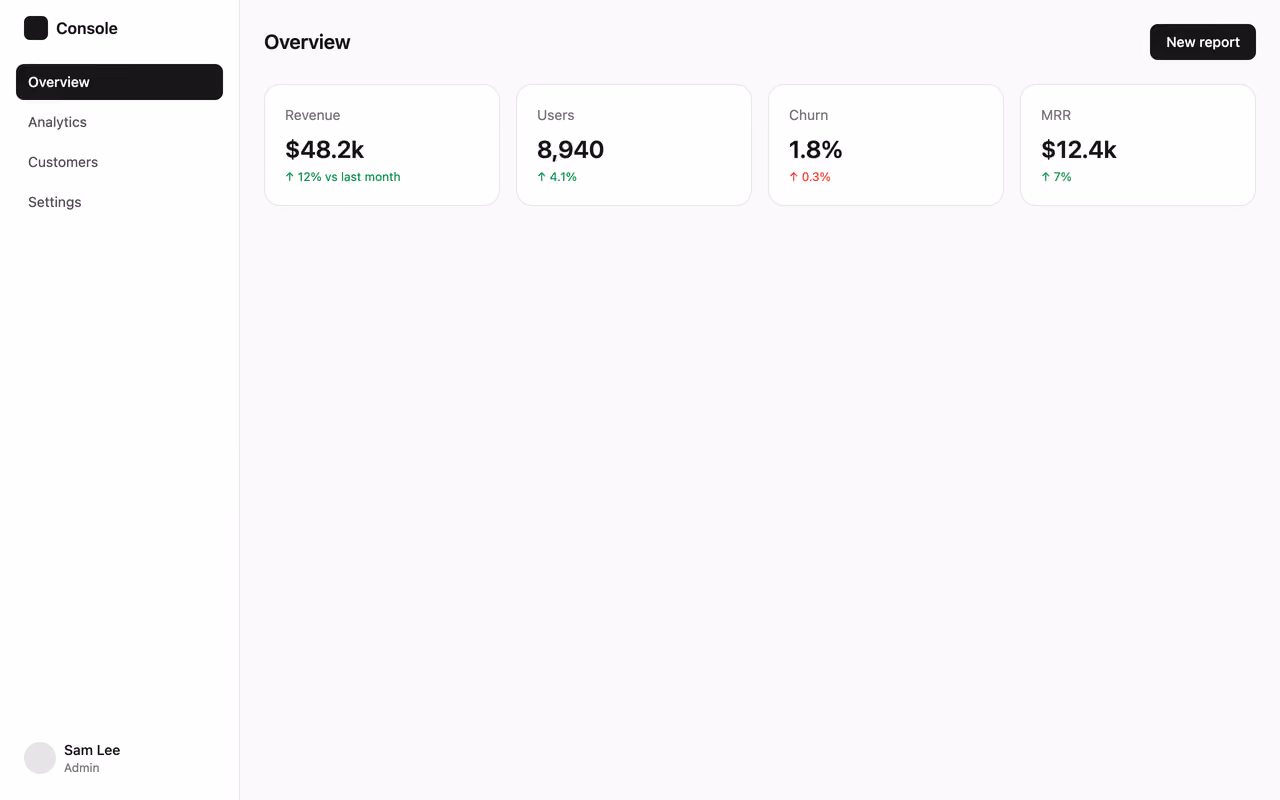 Podgląd: Sidebar + stat cards