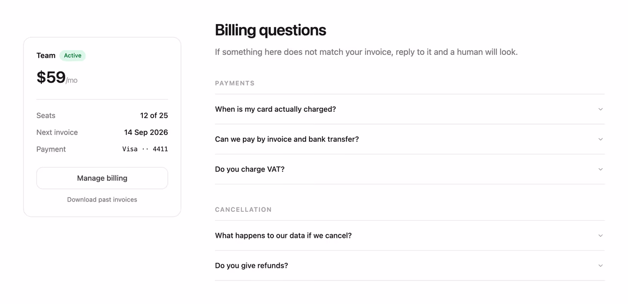 Podgląd: Billing FAQ with plan recap