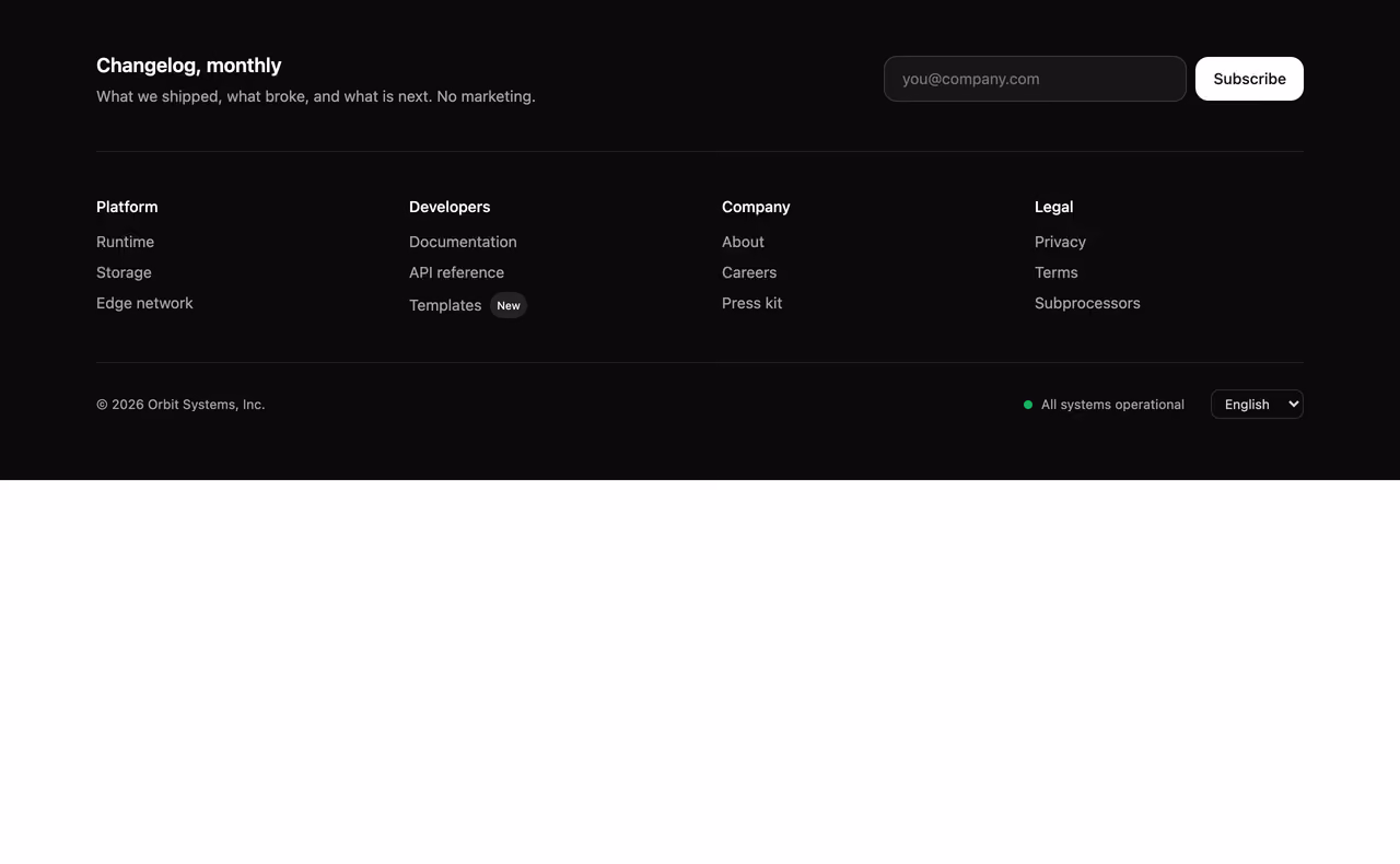Podgląd: Dark footer with newsletter