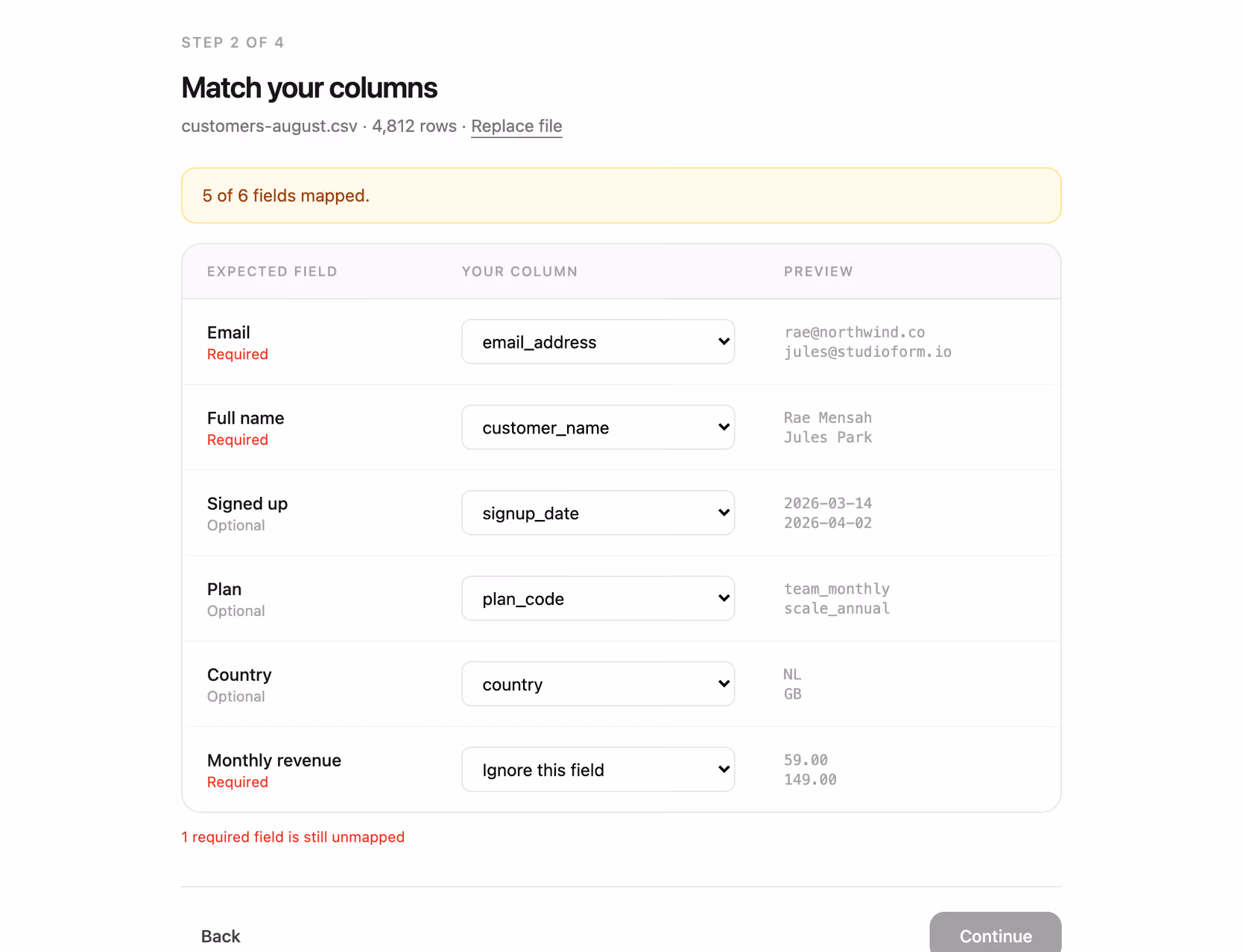 Podgląd: CSV column mapping step