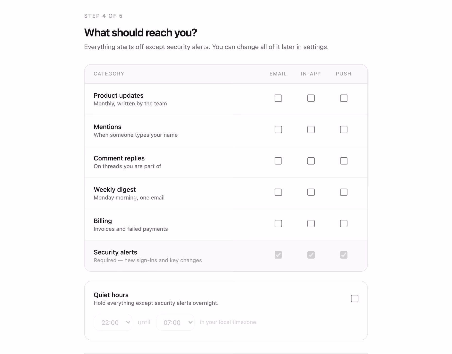 Podgląd: Notification preferences step